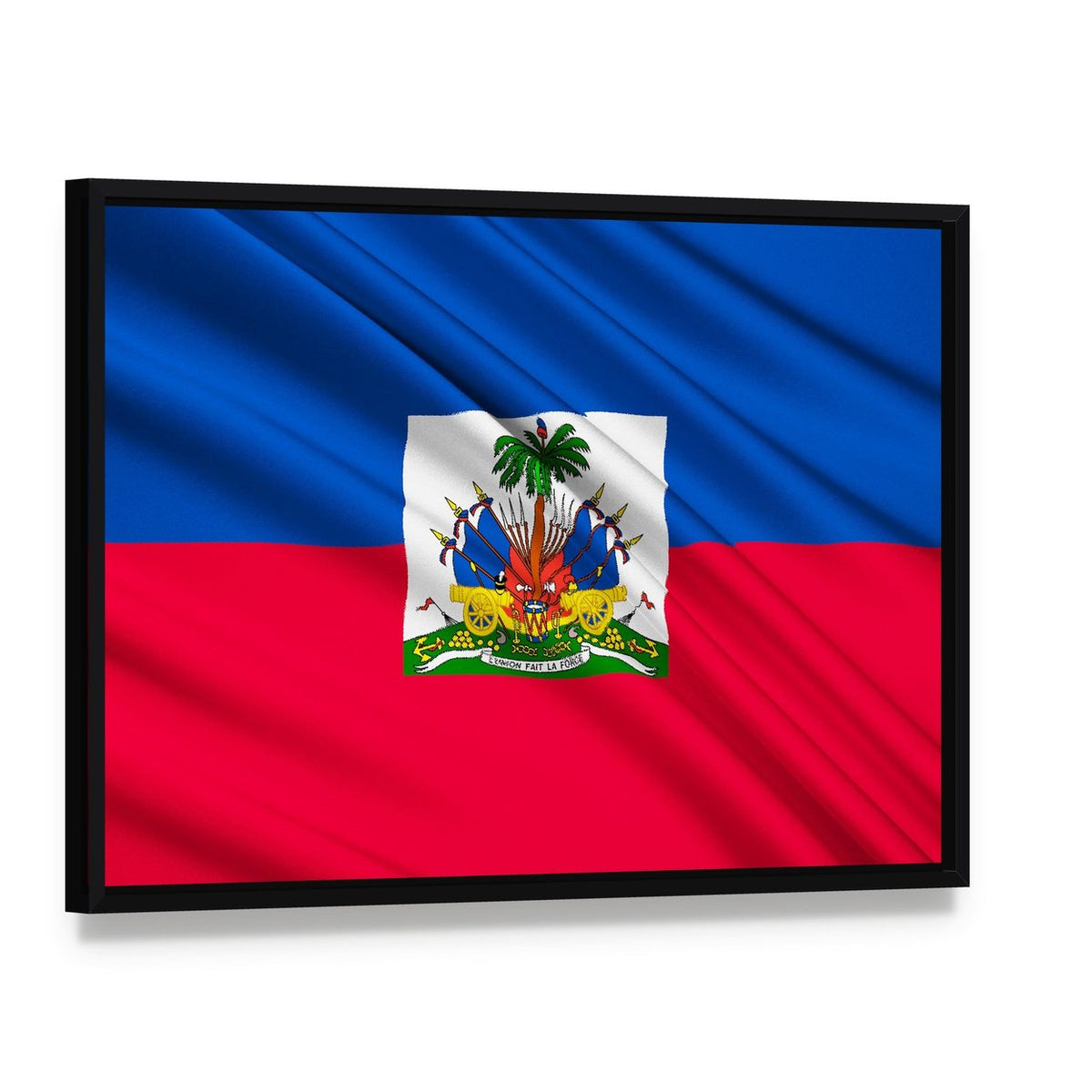 Haitian Flag with Coat of Arms Canvas Wall Art, framed canvas in a black floater frame, angled product view
