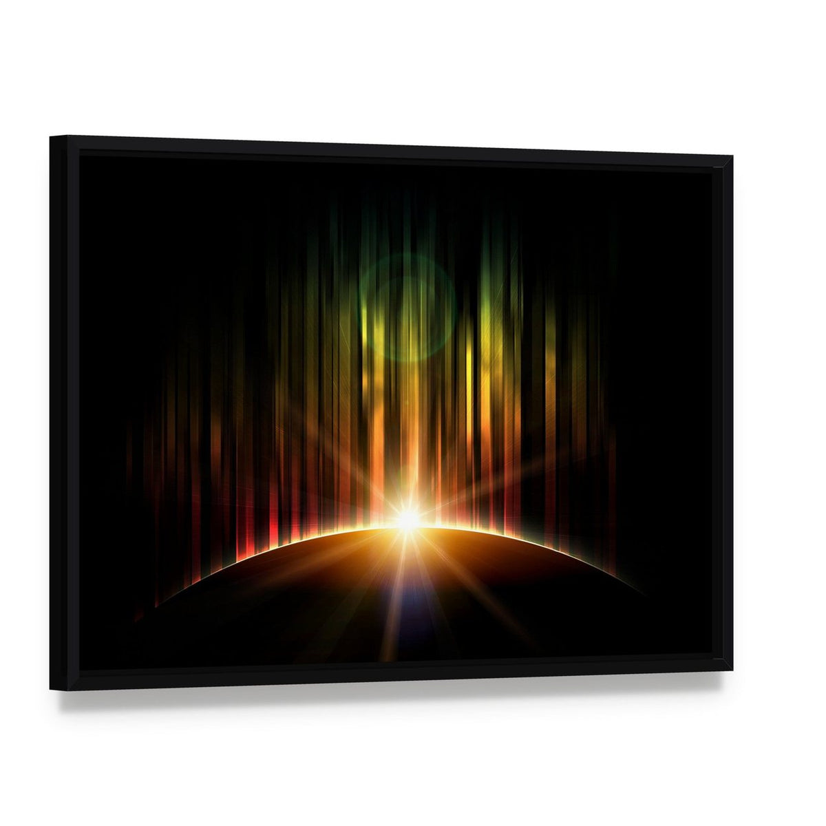 Planet with Aurora Canvas Wall Art, framed canvas in a black floater frame, angled product view