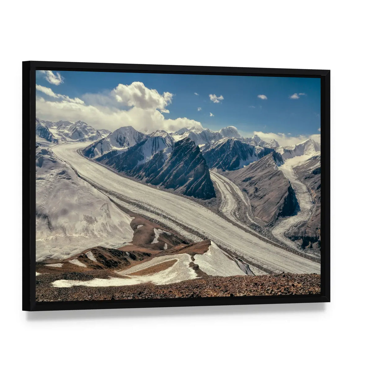Fedchenko Glacier In Tajikistan Canvas Wall Art, framed canvas in a black floater frame, angled product view