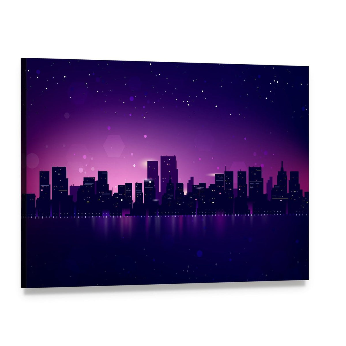 Night City Skyline with Waterfront Glow Canvas Wall Art, single panel gallery wrapped canvas, angled product view