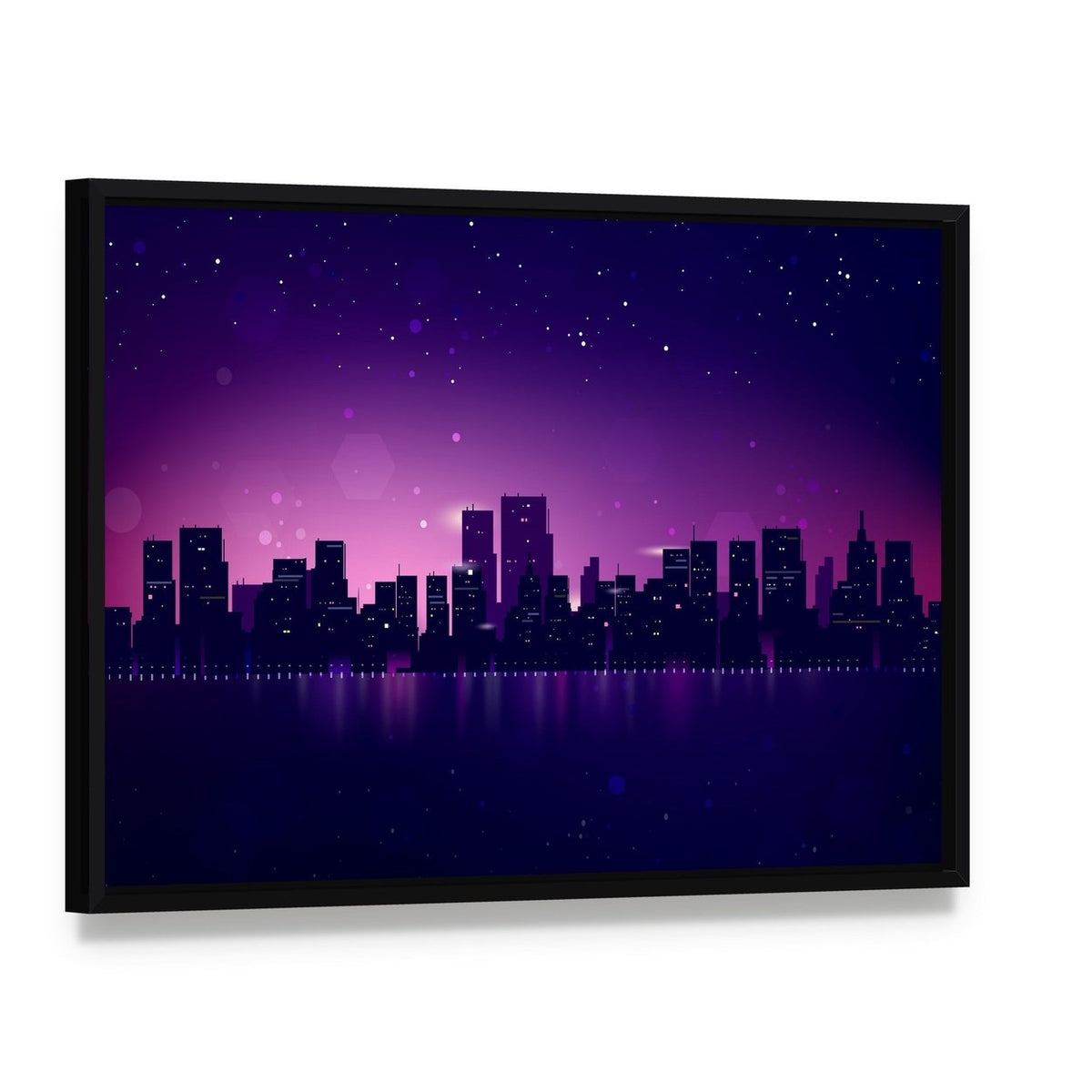 Night City Skyline with Waterfront Glow Canvas Wall Art, framed canvas in a black floater frame, angled product view