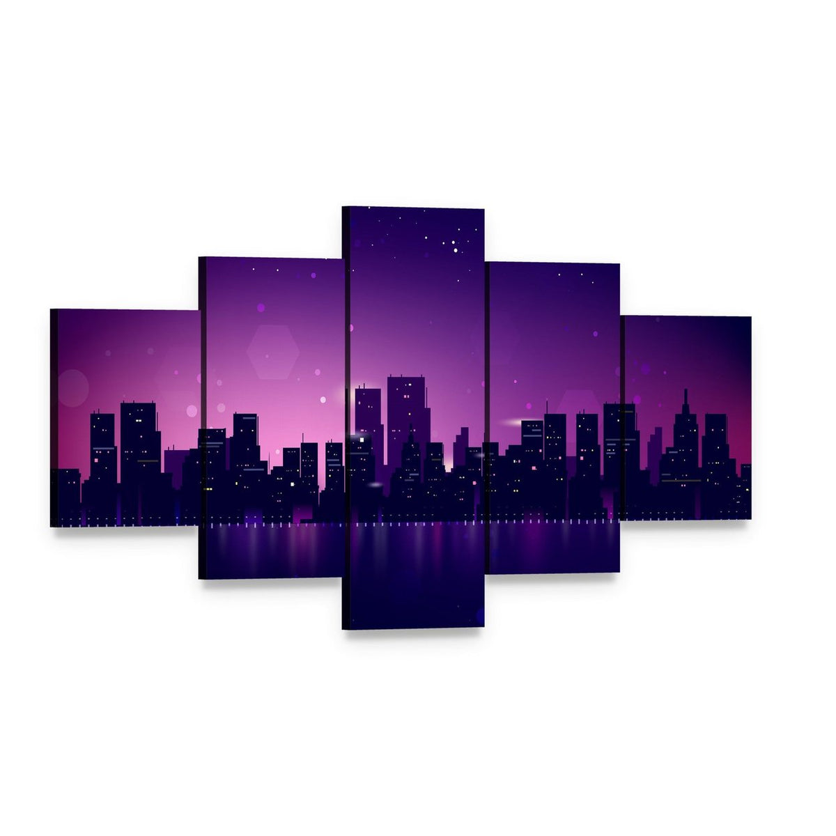 Night City Skyline with Waterfront Glow Canvas Wall Art, 5 panel 5 Star layout gallery wrapped canvas set, angled product view