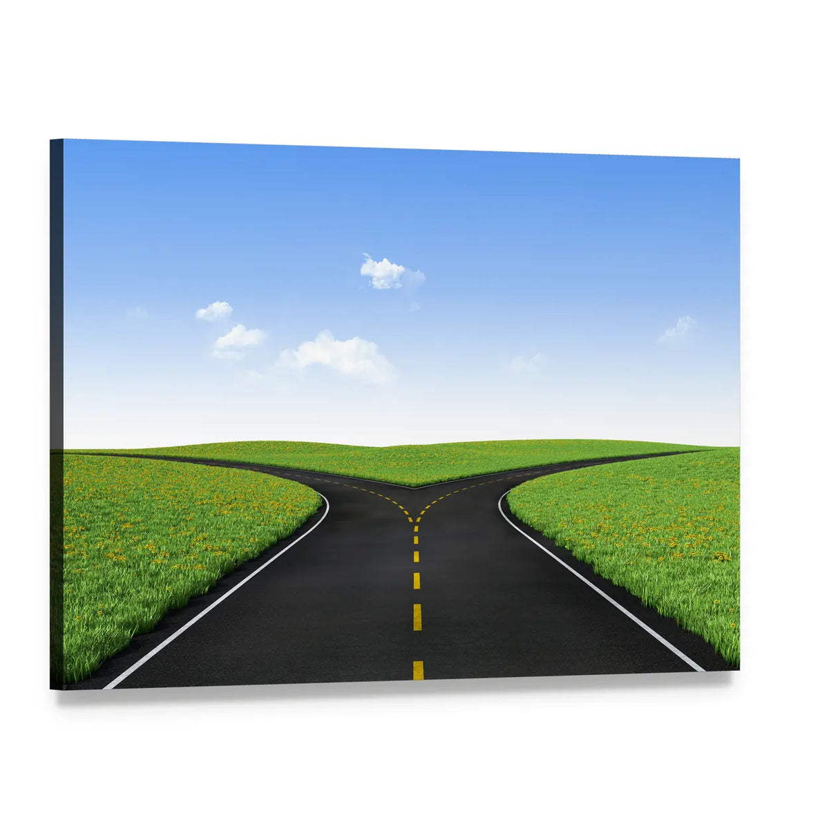 Forked Road in Sunlit Meadows Canvas Wall Art, single panel gallery wrapped canvas, angled product view