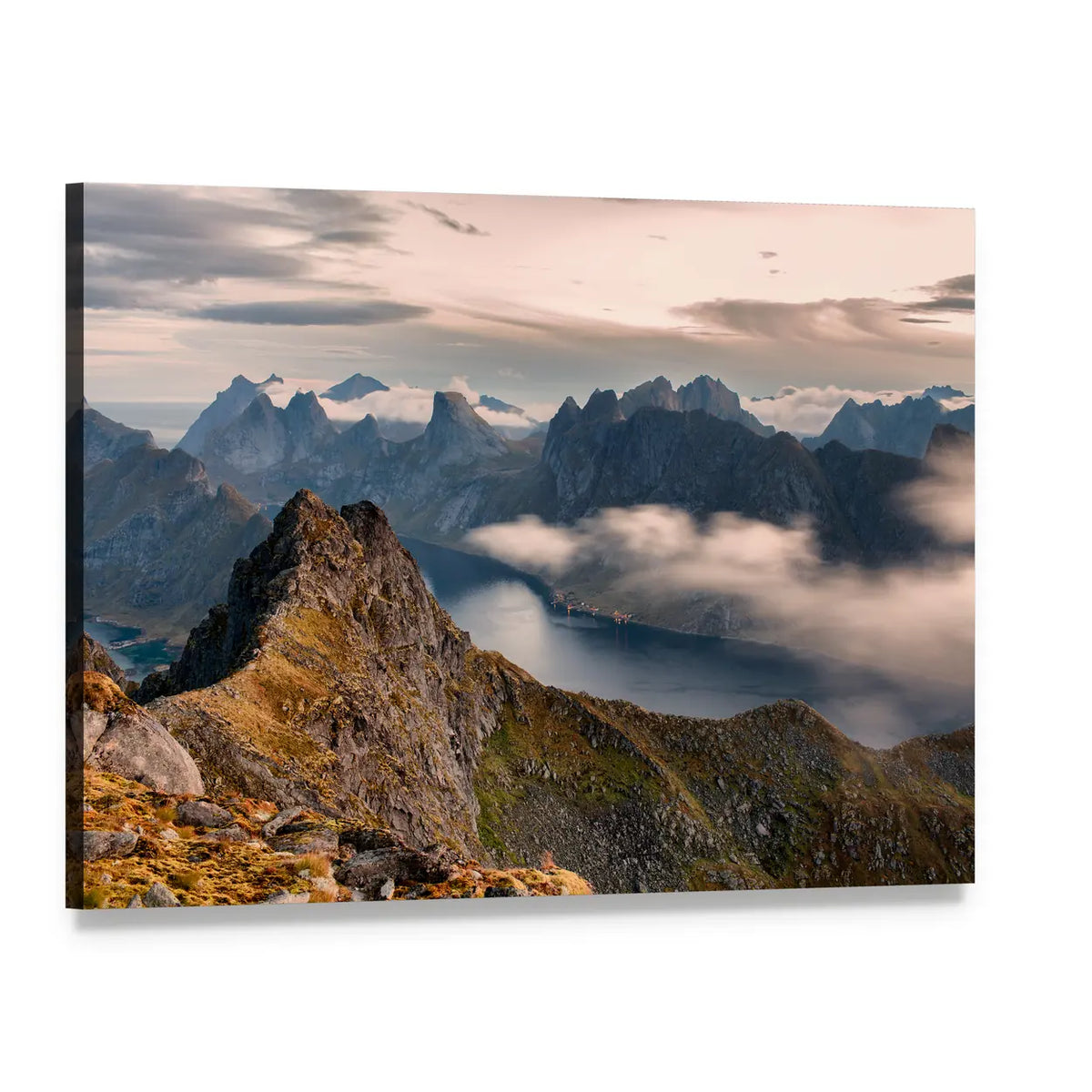 Rocky Peak Above Foggy Mountain Lake Canvas Wall Art, single panel gallery wrapped canvas, angled product view