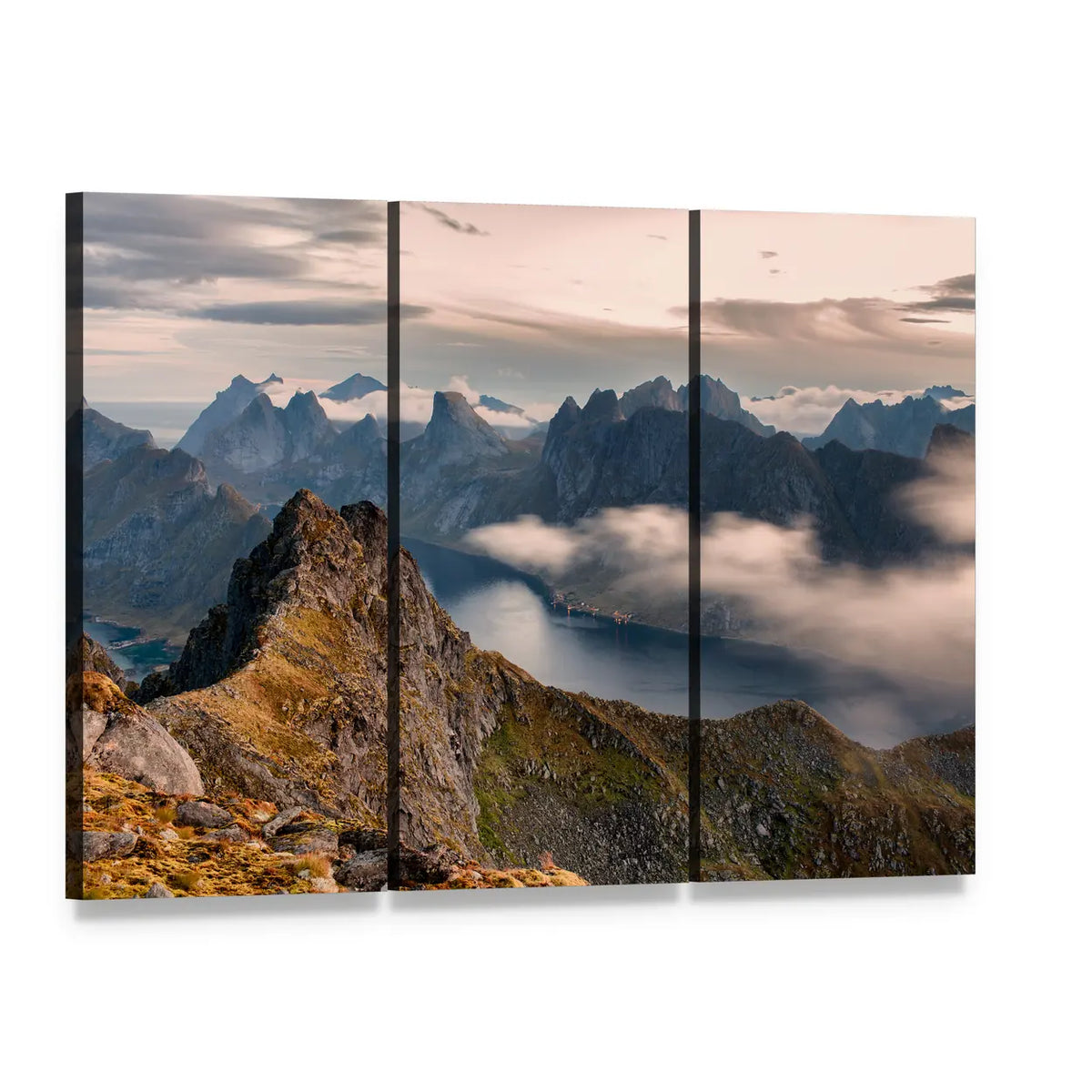 Rocky Peak Above Foggy Mountain Lake Canvas Wall Art, 3 panel 3 Horizontal layout gallery wrapped canvas set, angled product view