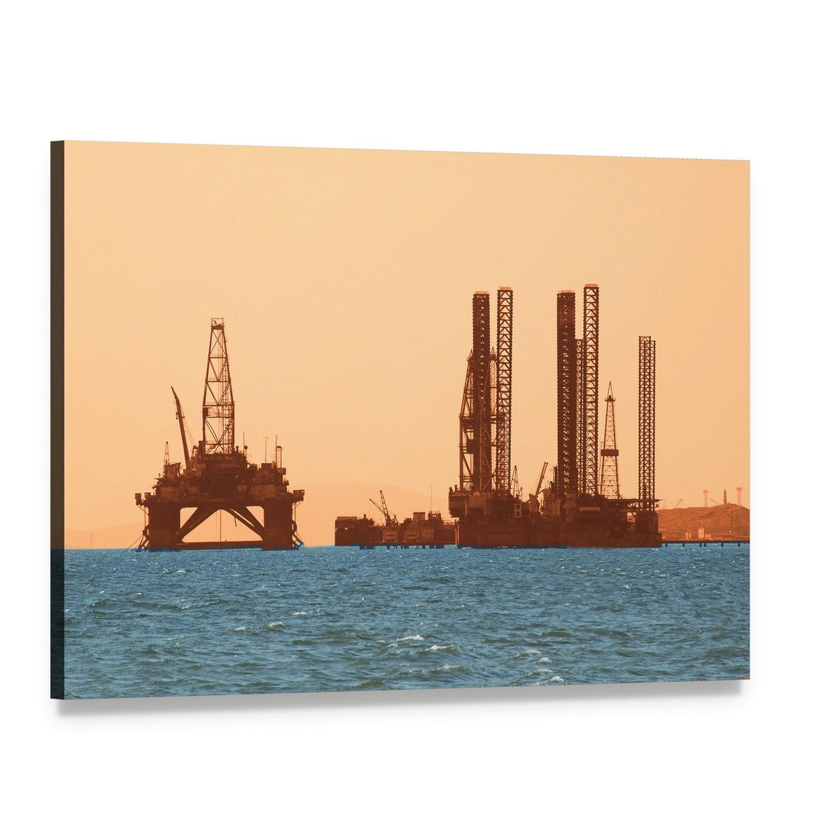 Silhouetted Oil Rigs at Sunset Canvas Wall Art, single panel gallery wrapped canvas, angled product view