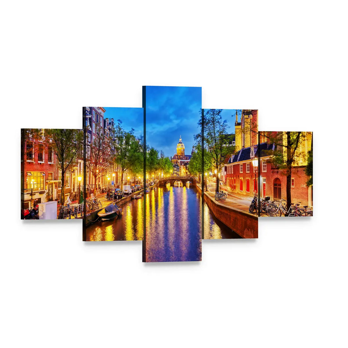 Westerkerk Canal View at Night, Amsterdam Canvas Wall Art, 5 panel 5 Star layout gallery wrapped canvas set, angled product view