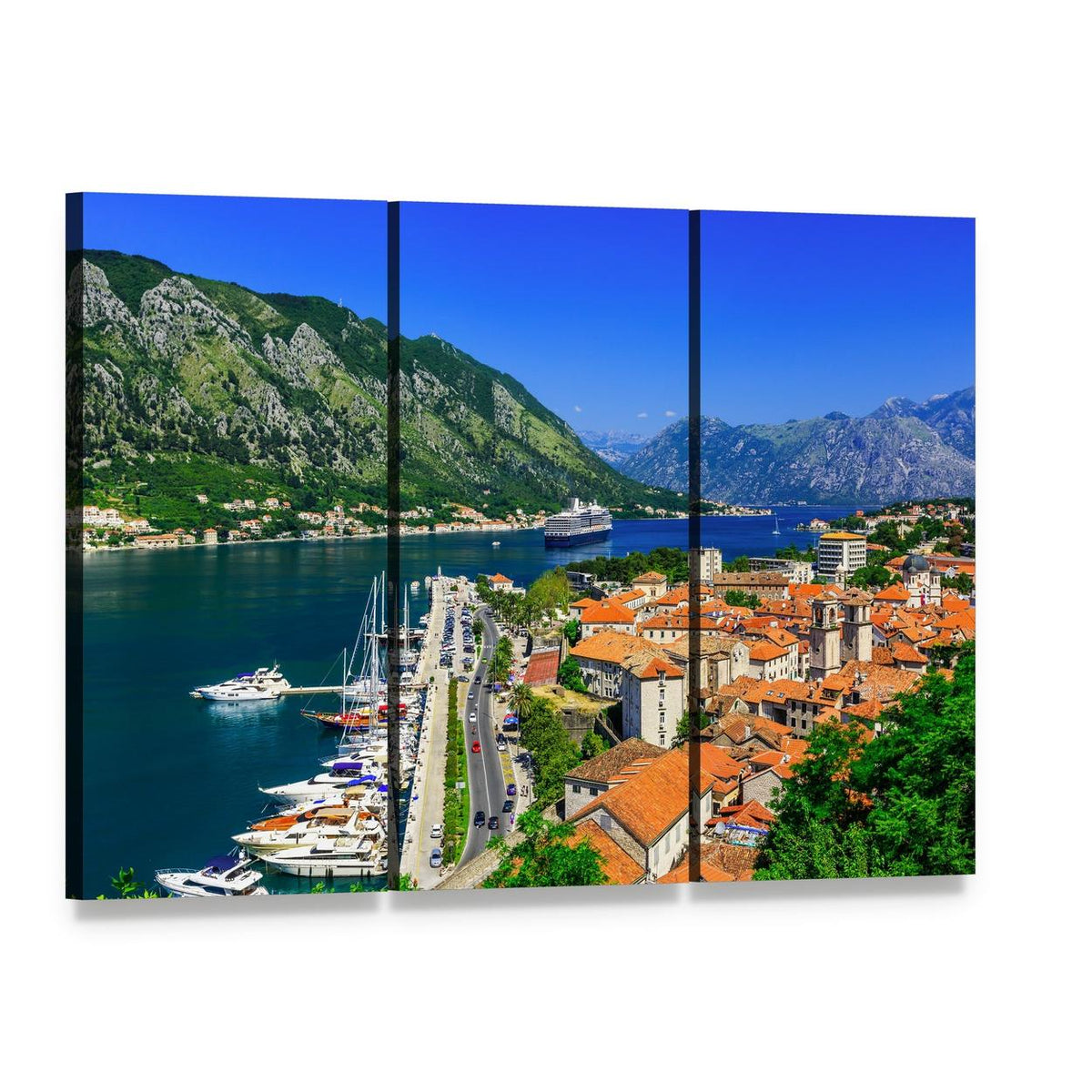 Kotor Bay and Old Town Canvas Wall Art, 3 panel 3 Horizontal layout gallery wrapped canvas set, angled product view