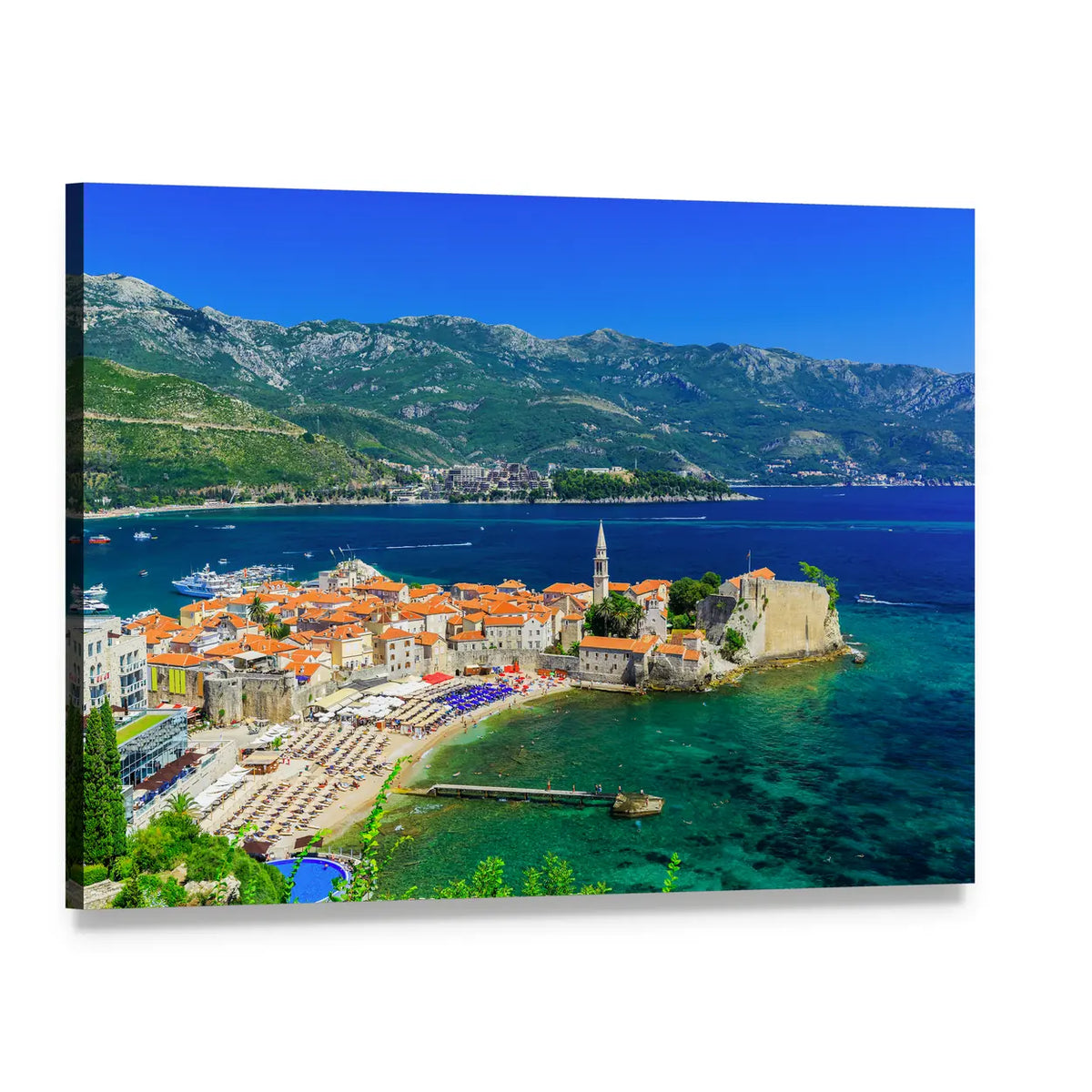Old Town Budva Seaside View Canvas Wall Art, single panel gallery wrapped canvas, angled product view