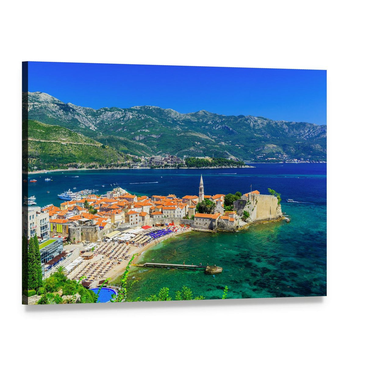 Vibrant Coastal Town in Montenegro Canvas Wall Art, single panel gallery wrapped canvas, angled product view
