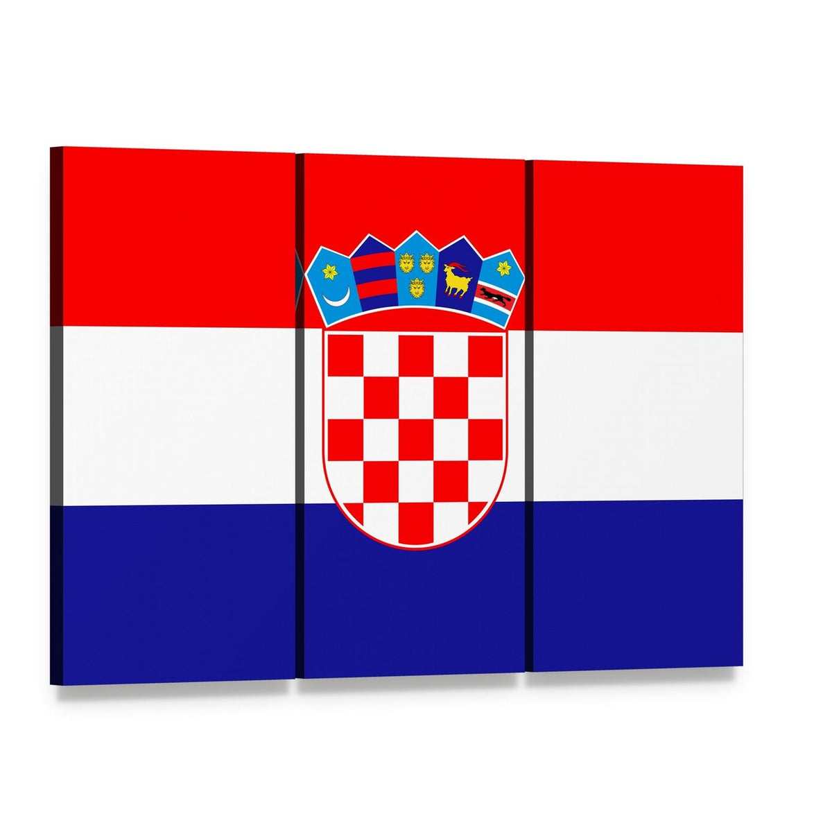 Croatian Flag with Checkerboard Shield and Crown Canvas Wall Art, 3 panel 3 Horizontal layout gallery wrapped canvas set, angled product view