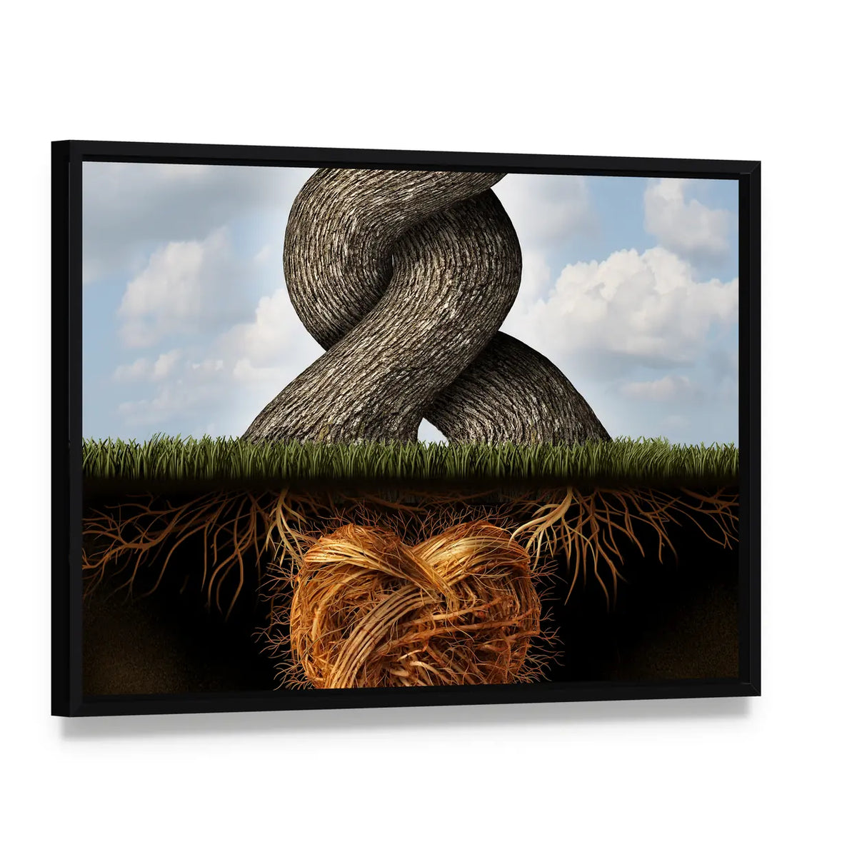 Growing In Love Concept Canvas Wall Art, framed canvas in a black floater frame, angled product view