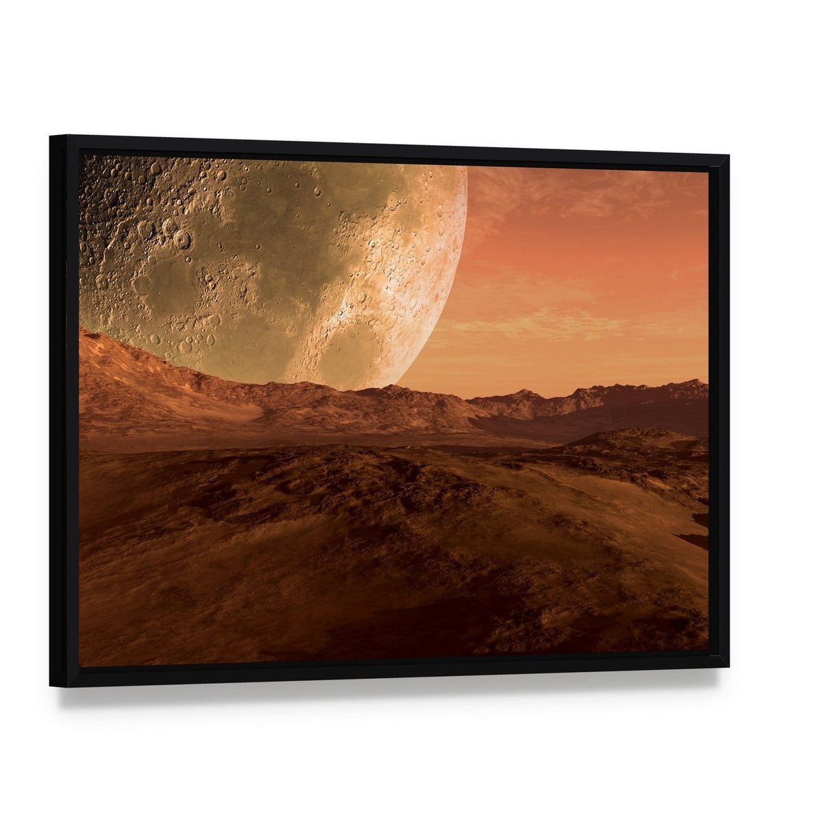 Planet with Arid Landscape Canvas Wall Art, framed canvas in a black floater frame, angled product view