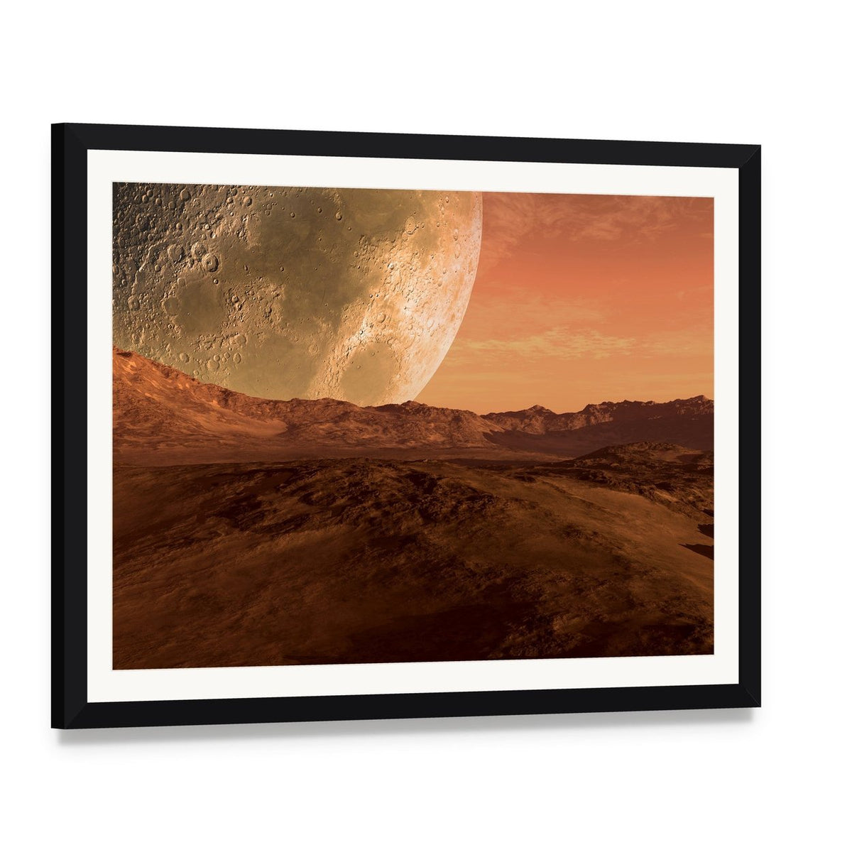 Planet with Arid Landscape Canvas Wall Art, framed print with white mat and black frame, angled product view