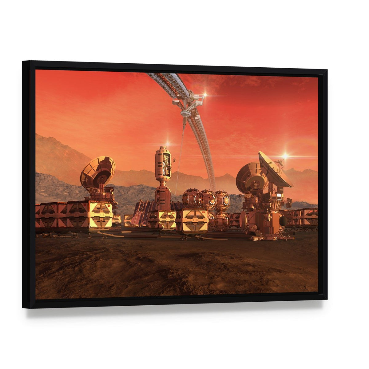 Satellite Dishes on Mars Canvas Wall Art, framed canvas in a black floater frame, angled product view