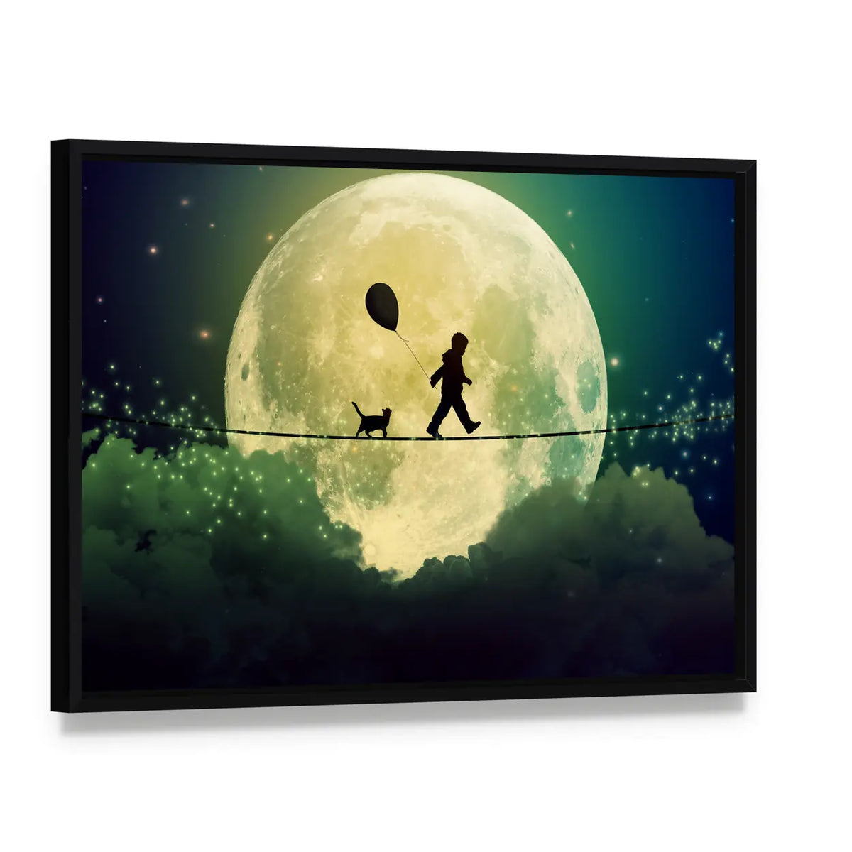 Child on Tightrope Under Full Moon Canvas Wall Art, framed canvas in a black floater frame, angled product view