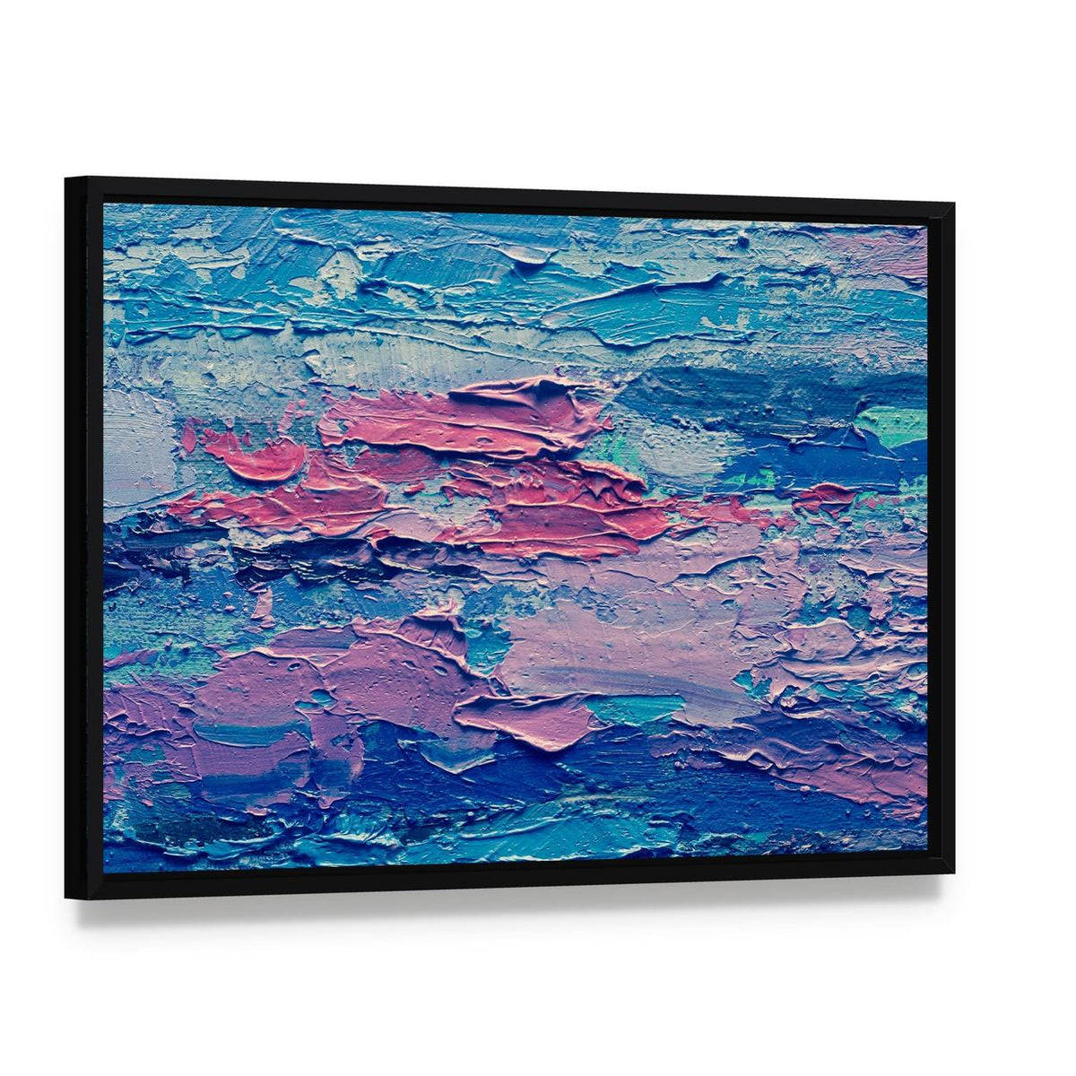 Hand Drawn Oil Painting Canvas Wall Art, framed canvas in a black floater frame, angled product view