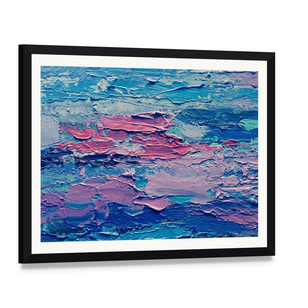 Hand Drawn Oil Painting Canvas Wall Art, framed print with white mat and black frame, angled product view