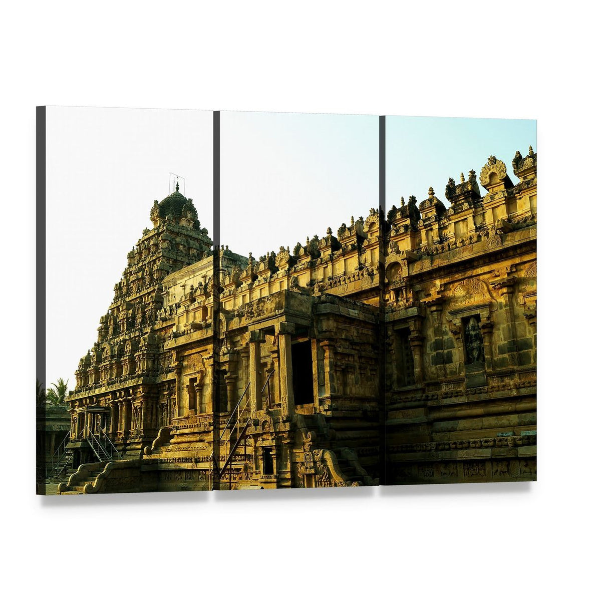 Ornate Temple Facade with Intricate Carvings Canvas Wall Art, 3 panel 3 Horizontal layout gallery wrapped canvas set, angled product view