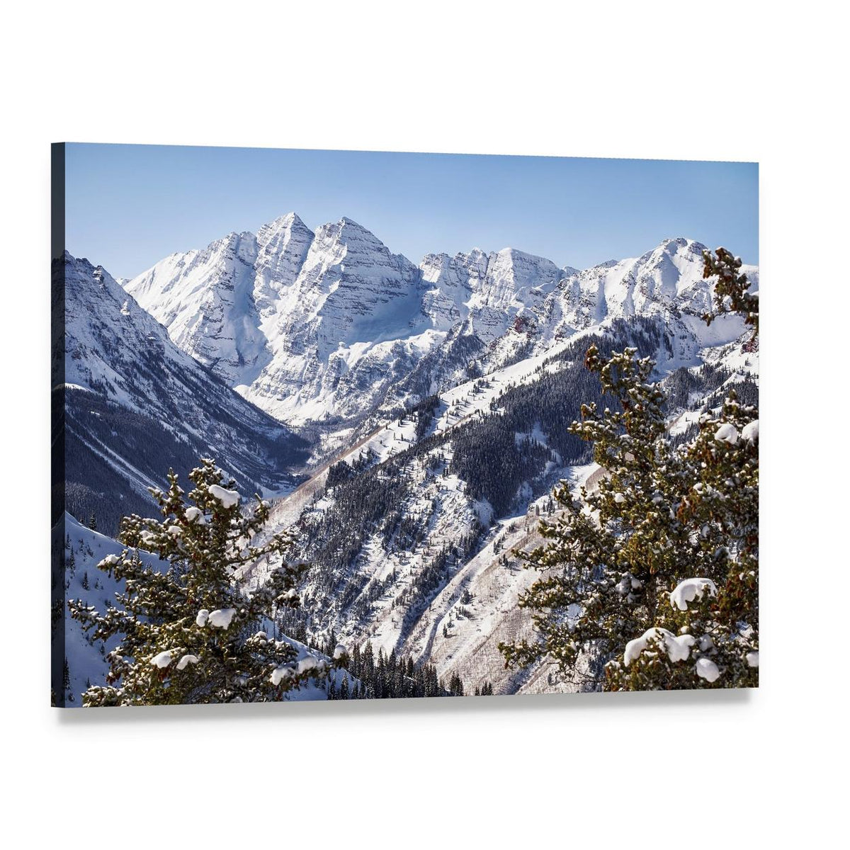 Snowy Mountains of Maroon Bells Canvas Wall Art, single panel gallery wrapped canvas, angled product view