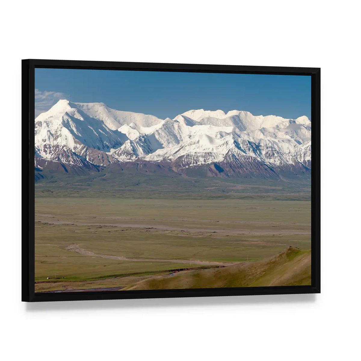 Pamir Mountain And Pik Lenin, Kyrgyzstan Canvas Wall Art, framed canvas in a black floater frame, angled product view