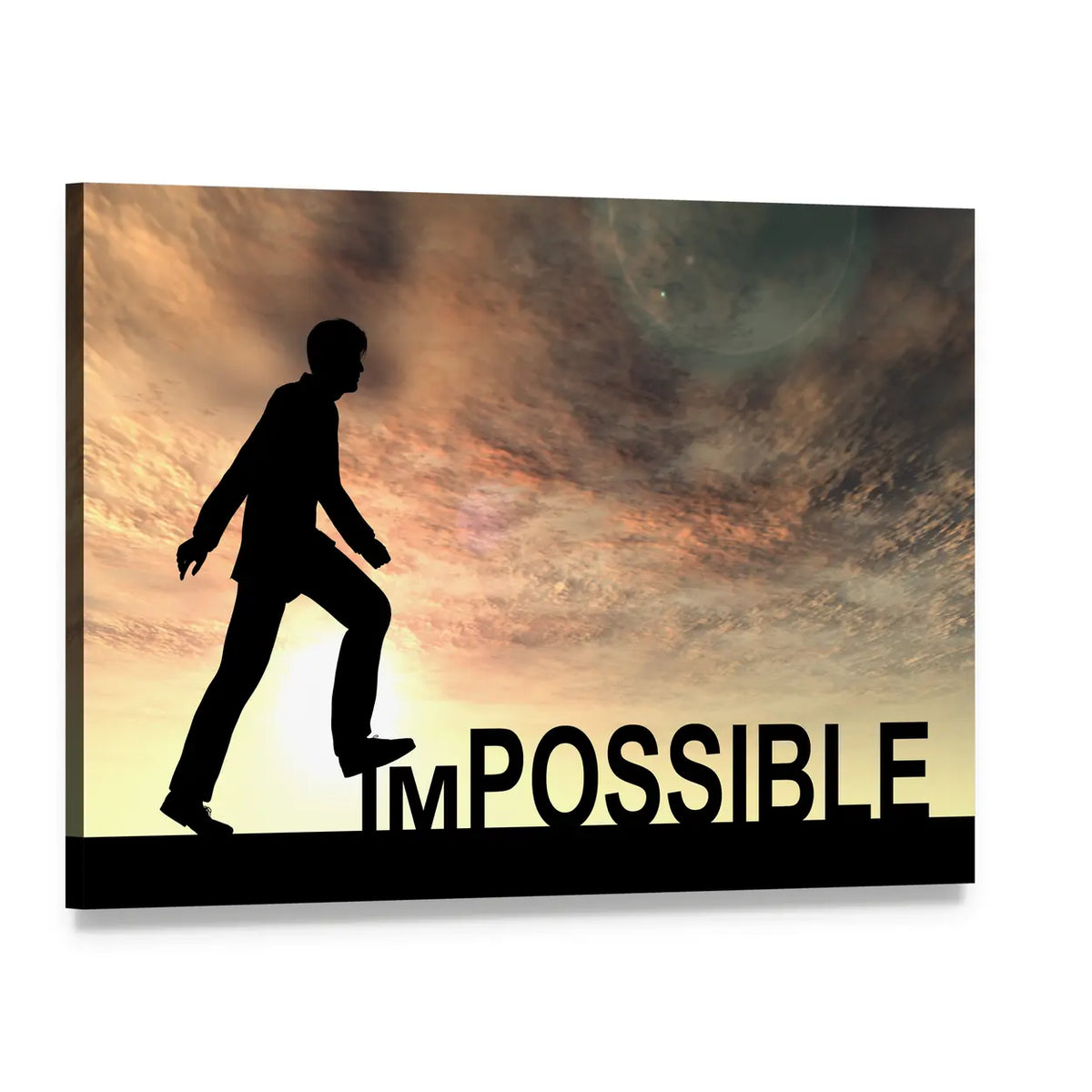 Man Kicking Im Away from Impossible Canvas Wall Art, single panel gallery wrapped canvas, angled product view