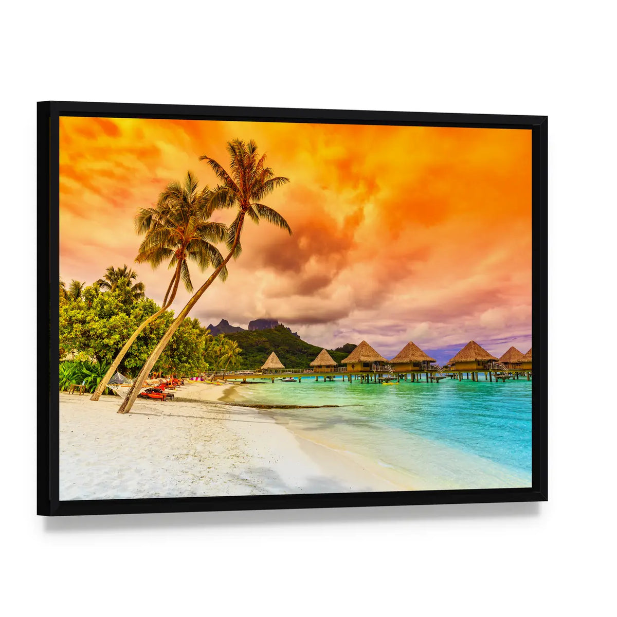 Bora Bora Overwater Bungalows at Sunset Canvas Wall Art, framed canvas in a black floater frame, angled product view