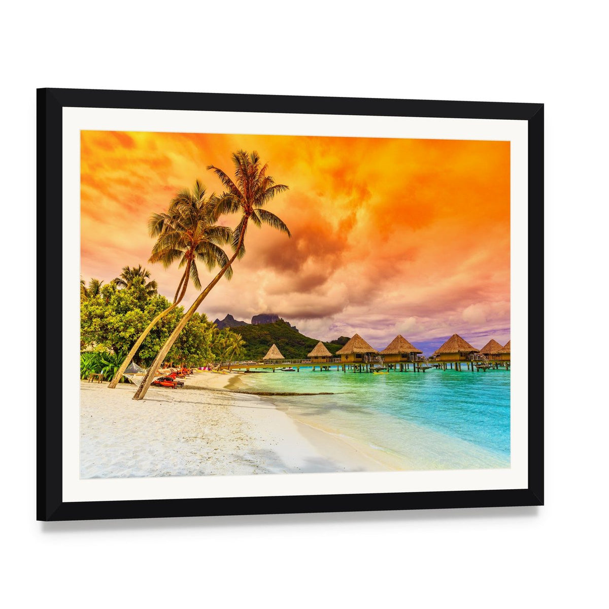 Bora Bora Island at Sunset Canvas Wall Art, framed print with white mat and black frame, angled product view