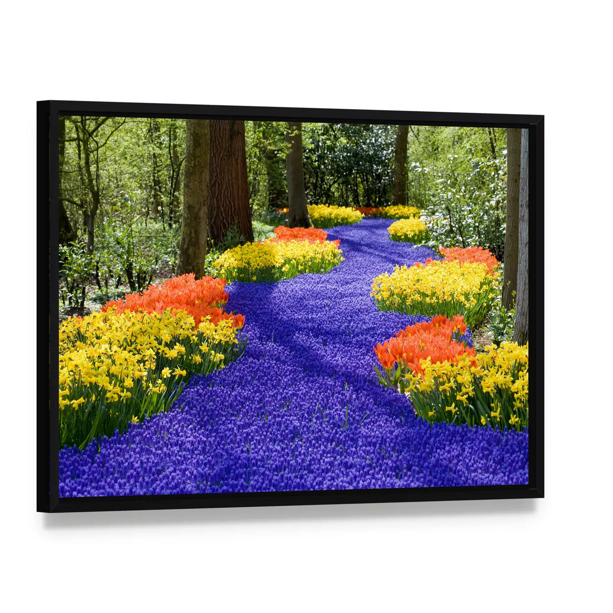 Field Of Spring Flowers Canvas Wall Art, framed canvas in a black floater frame, angled product view