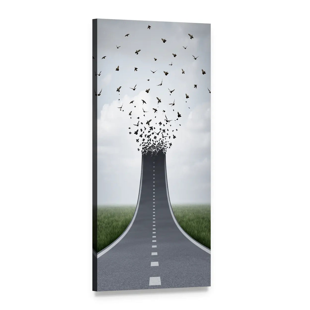 Asphalt Road Morphing Into Birds Vertical Canvas Wall Art, 1 panel 1 Vertical layout gallery wrapped canvas set, angled product view