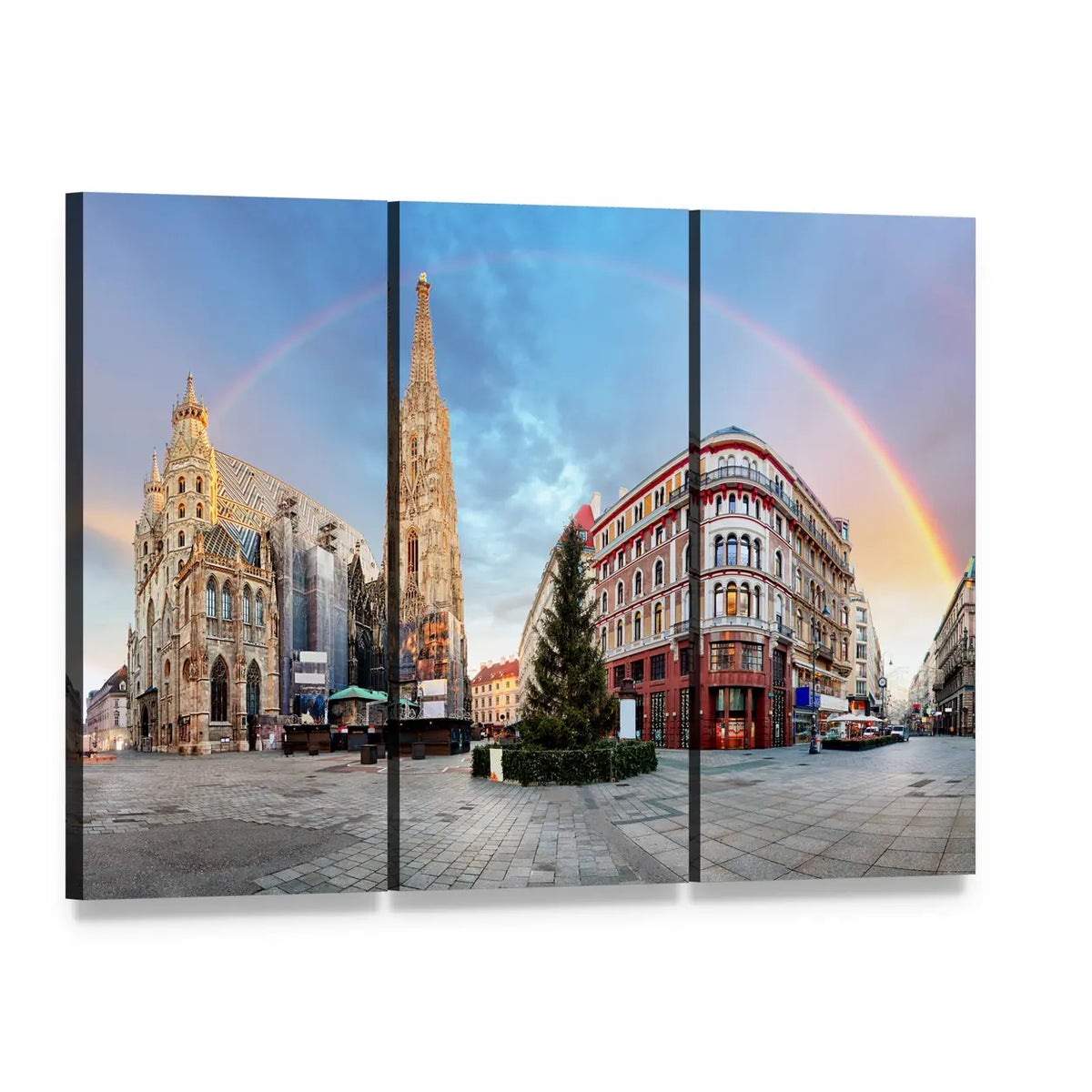 Cathedral Square with Rainbow Canvas Wall Art, 3 panel 3 Horizontal layout gallery wrapped canvas set, angled product view