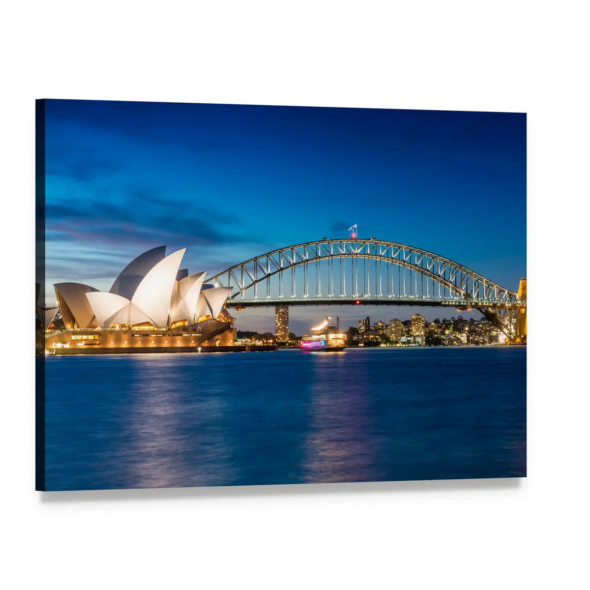 Sydney Opera House and Harbour Bridge at Night Canvas Wall Art, single panel gallery wrapped canvas, angled product view