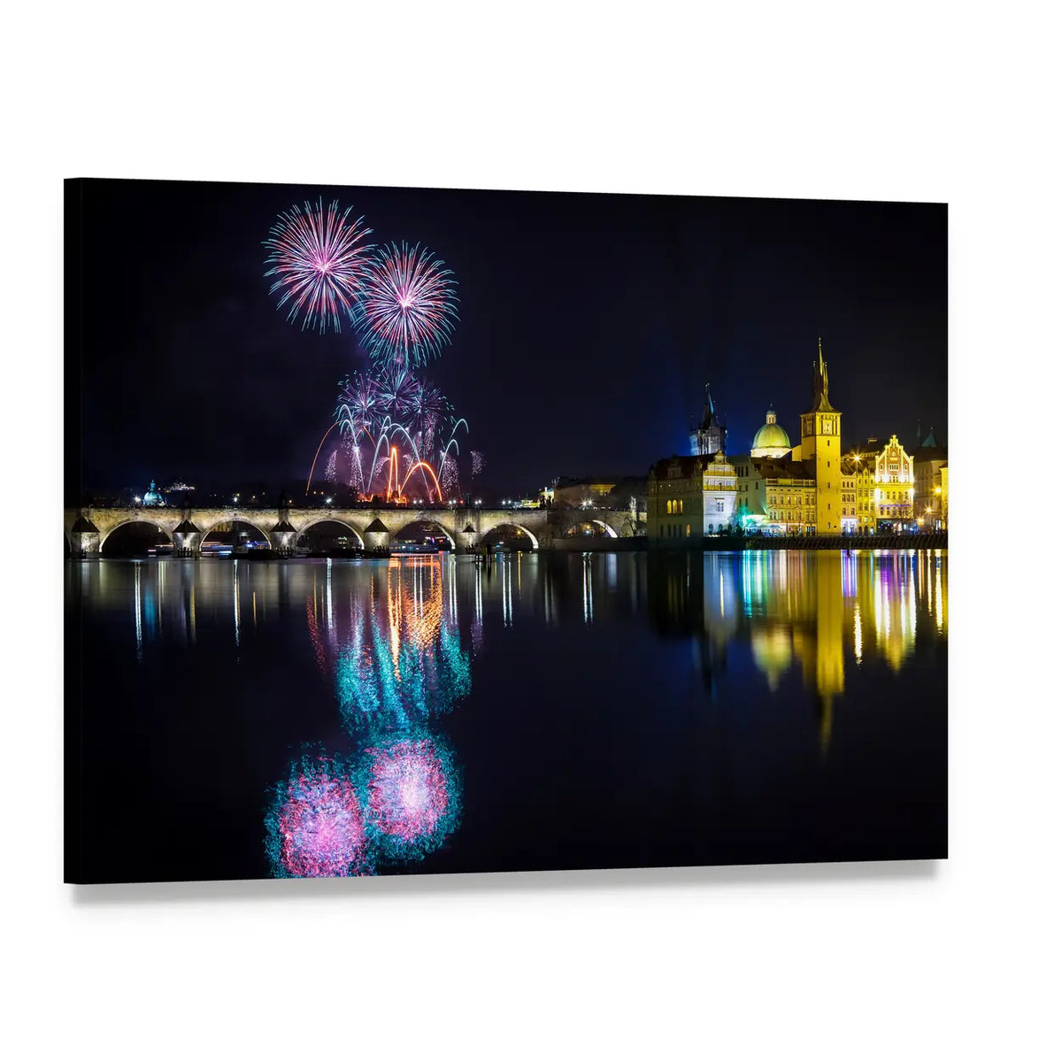 Prague New Year Night with Fireworks Canvas Wall Art, single panel gallery wrapped canvas, angled product view