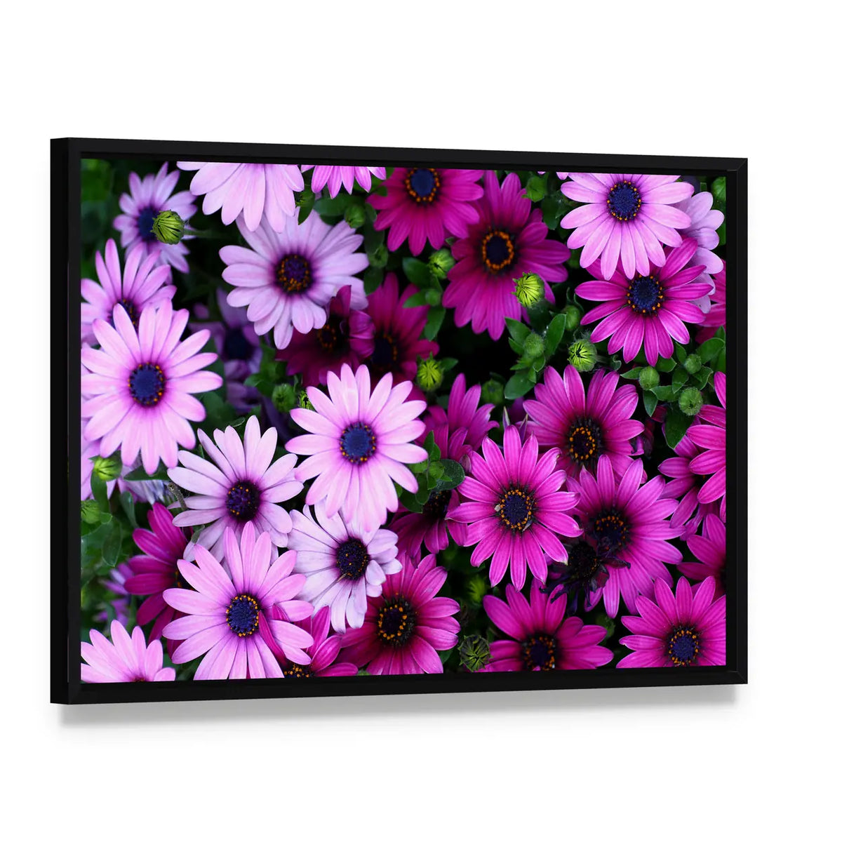 Flowers In The Garden Canvas Wall Art, framed canvas in a black floater frame, angled product view