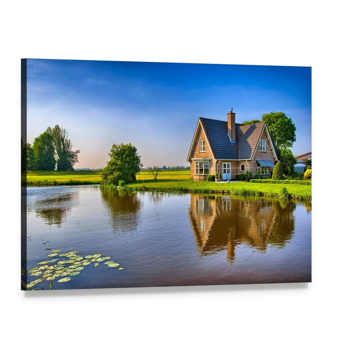 Red Brick House by the Lake Canvas Wall Art, single panel gallery wrapped canvas, angled product view