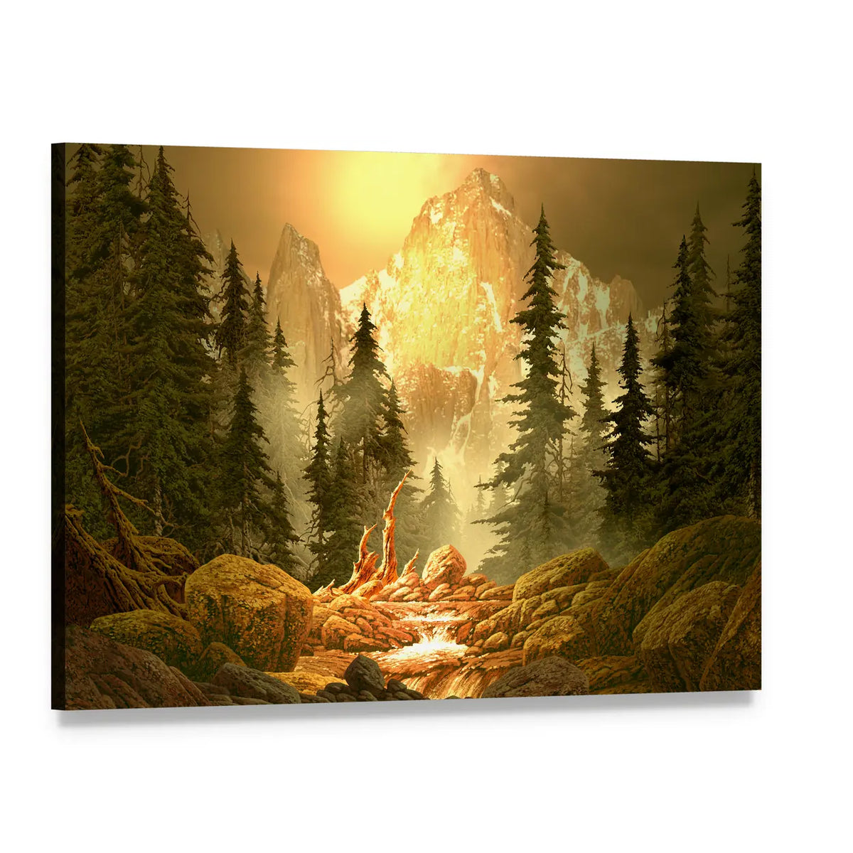 Mountain Stream at Golden Hour Canvas Wall Art, single panel gallery wrapped canvas, angled product view