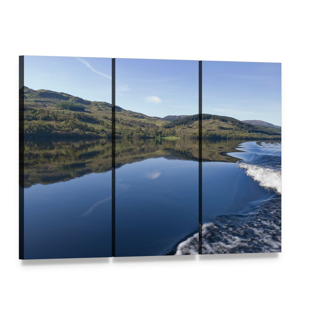 Loch Tay from a Powerboat Canvas Wall Art, 3 panel 3 Horizontal layout gallery wrapped canvas set, angled product view