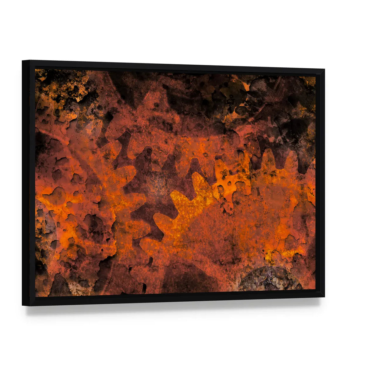 Rusted Gears and Cogs Canvas Wall Art, framed canvas in a black floater frame, angled product view
