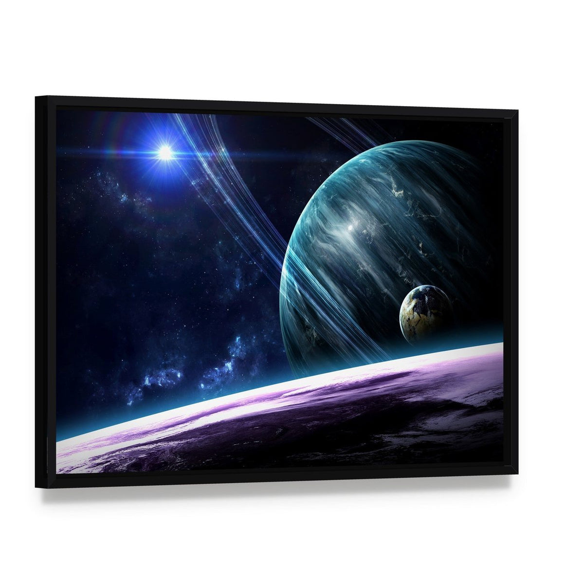 Universe Scene with Planets Stars and Galaxies Canvas Wall Art, framed canvas in a black floater frame, angled product view