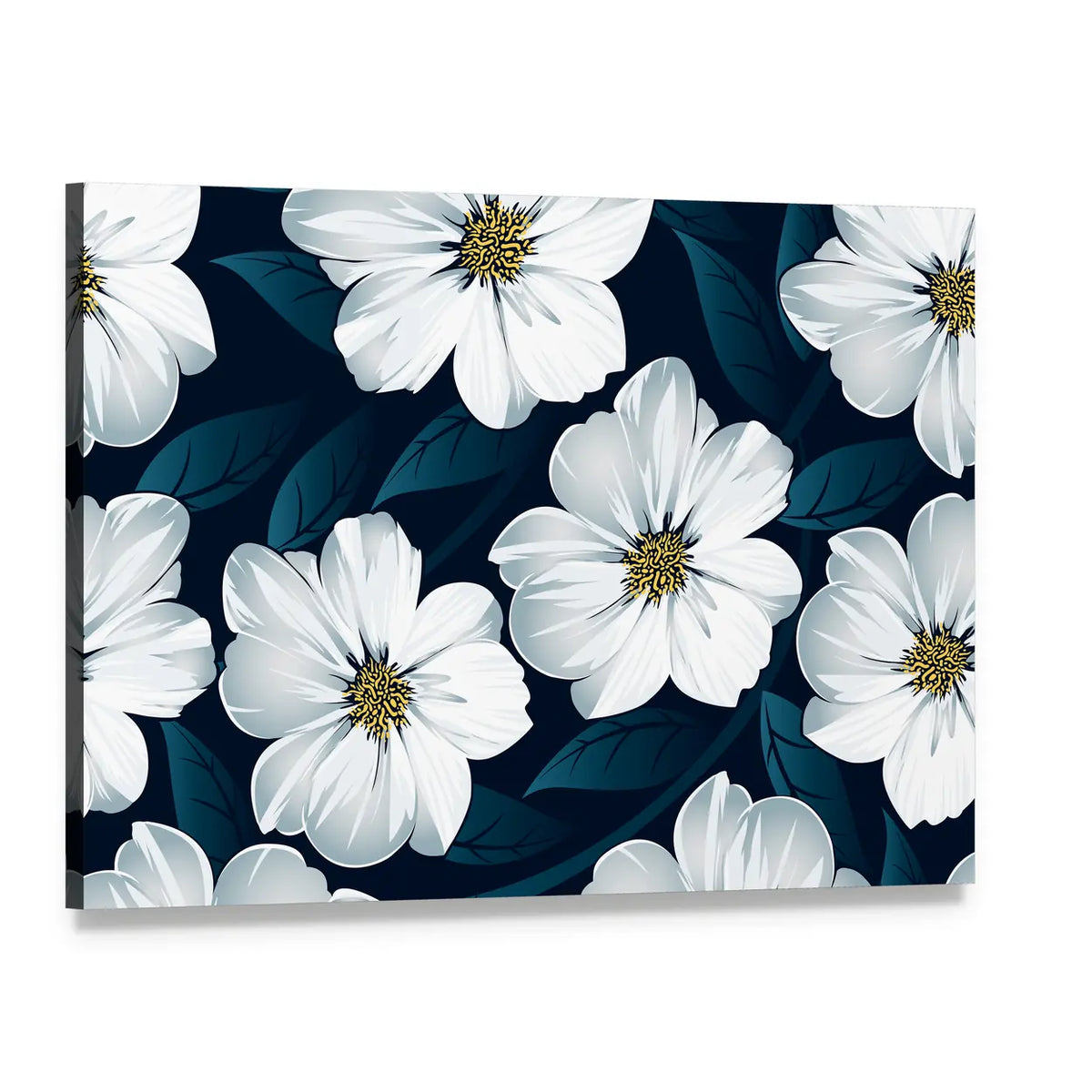 White Floral Seamless Pattern Canvas Wall Art, single panel gallery wrapped canvas, angled product view