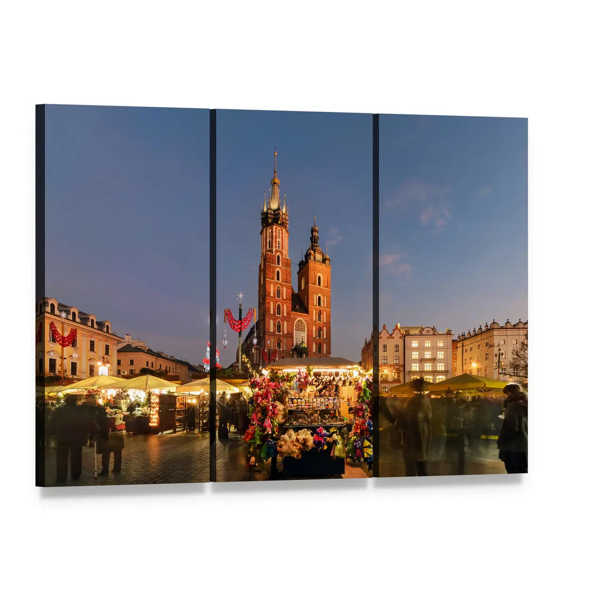 Traditional Christmas Market at Night Canvas Wall Art, 3 panel 3 Horizontal layout gallery wrapped canvas set, angled product view