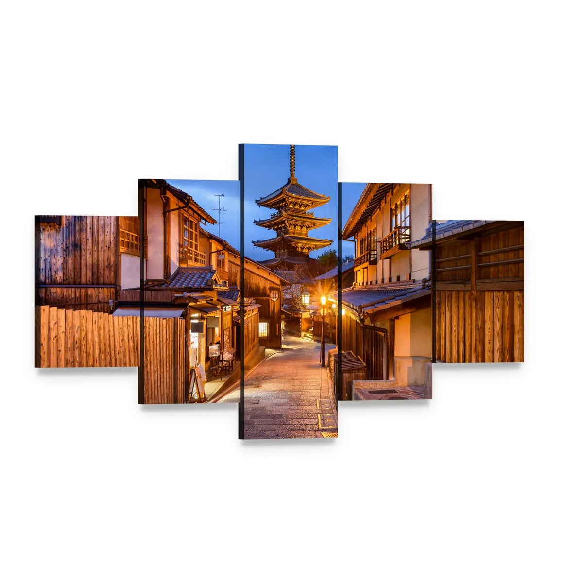 Yasaka Pagoda Temple at Dusk Canvas Wall Art, 5 panel 5 Star layout gallery wrapped canvas set, angled product view