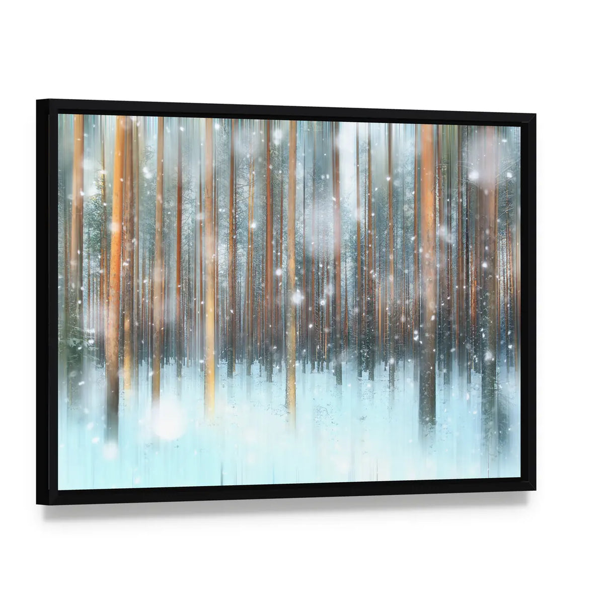 Magical Winter Forest Canvas Wall Art, framed canvas in a black floater frame, angled product view