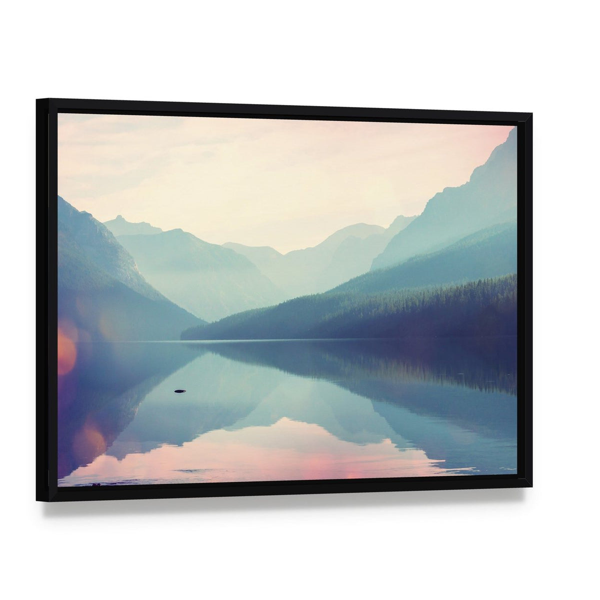 Glacier National Park Lake Reflection Canvas Wall Art, framed canvas in a black floater frame, angled product view