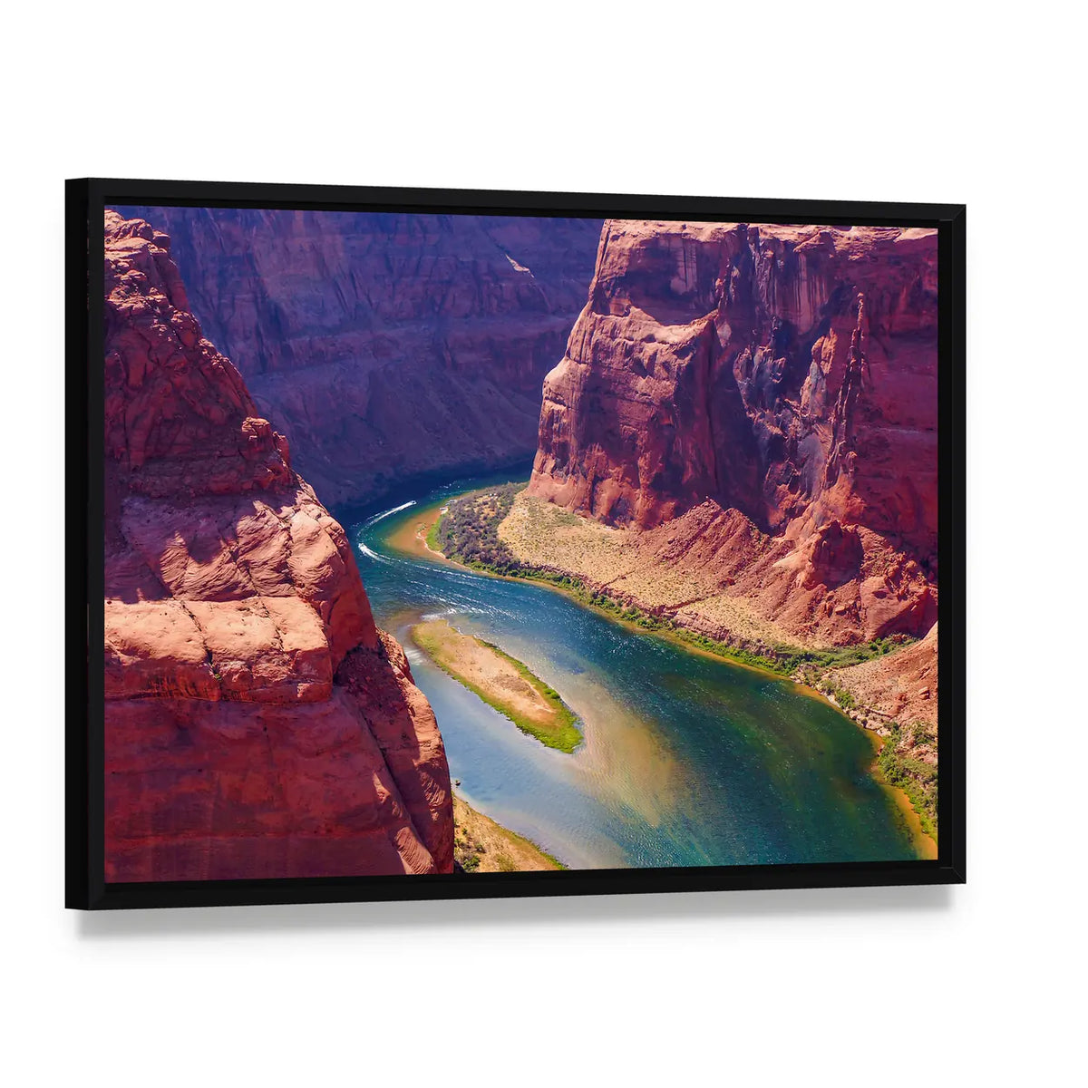 Colorado River Landscape Canvas Wall Art, framed canvas in a black floater frame, angled product view