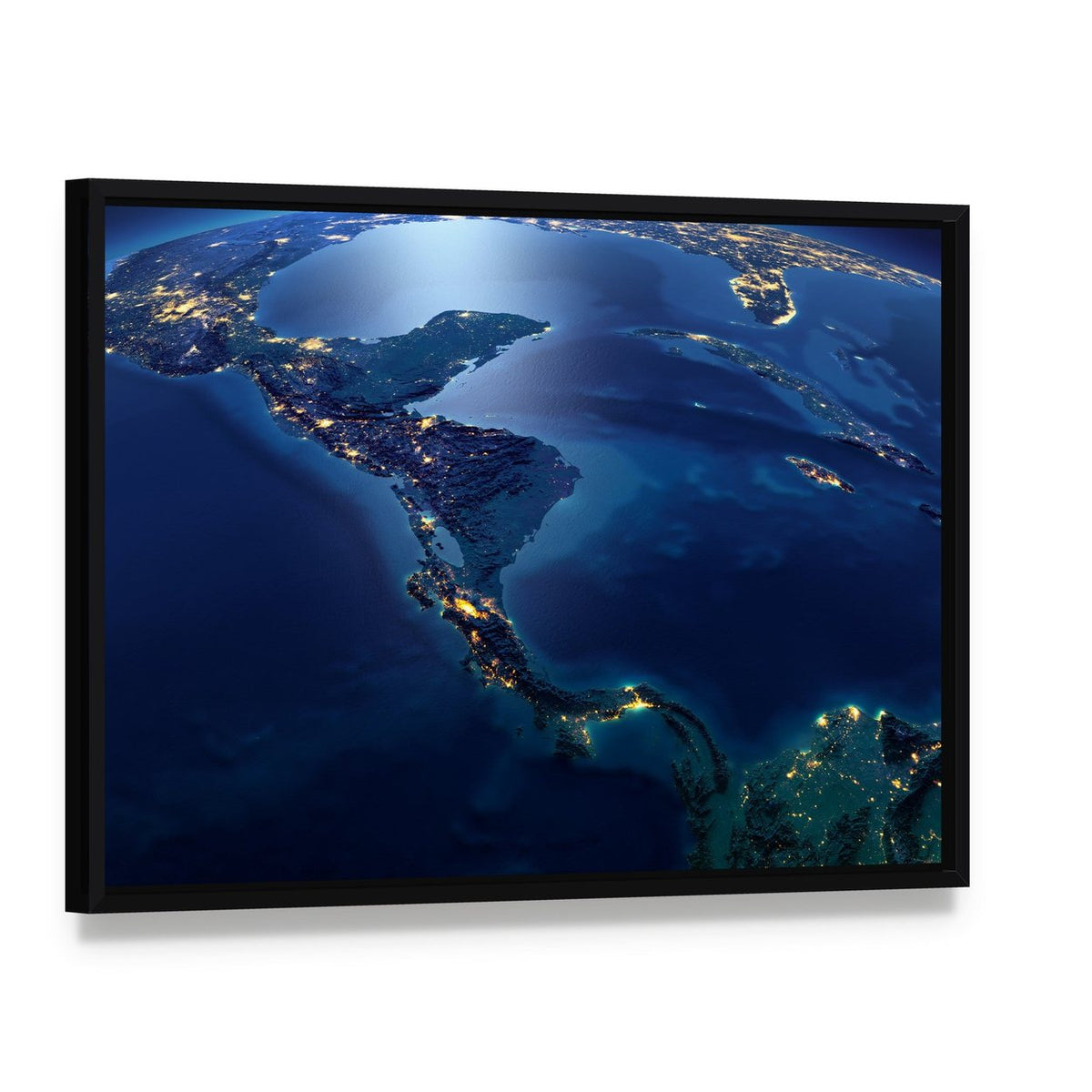Central America from Space Canvas Wall Art, framed canvas in a black floater frame, angled product view