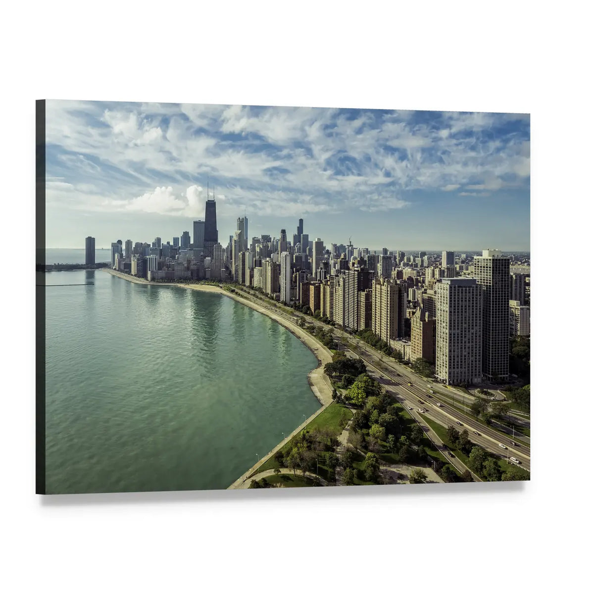 Chicago Skyline Over Lake Michigan Canvas Wall Art, single panel gallery wrapped canvas, angled product view