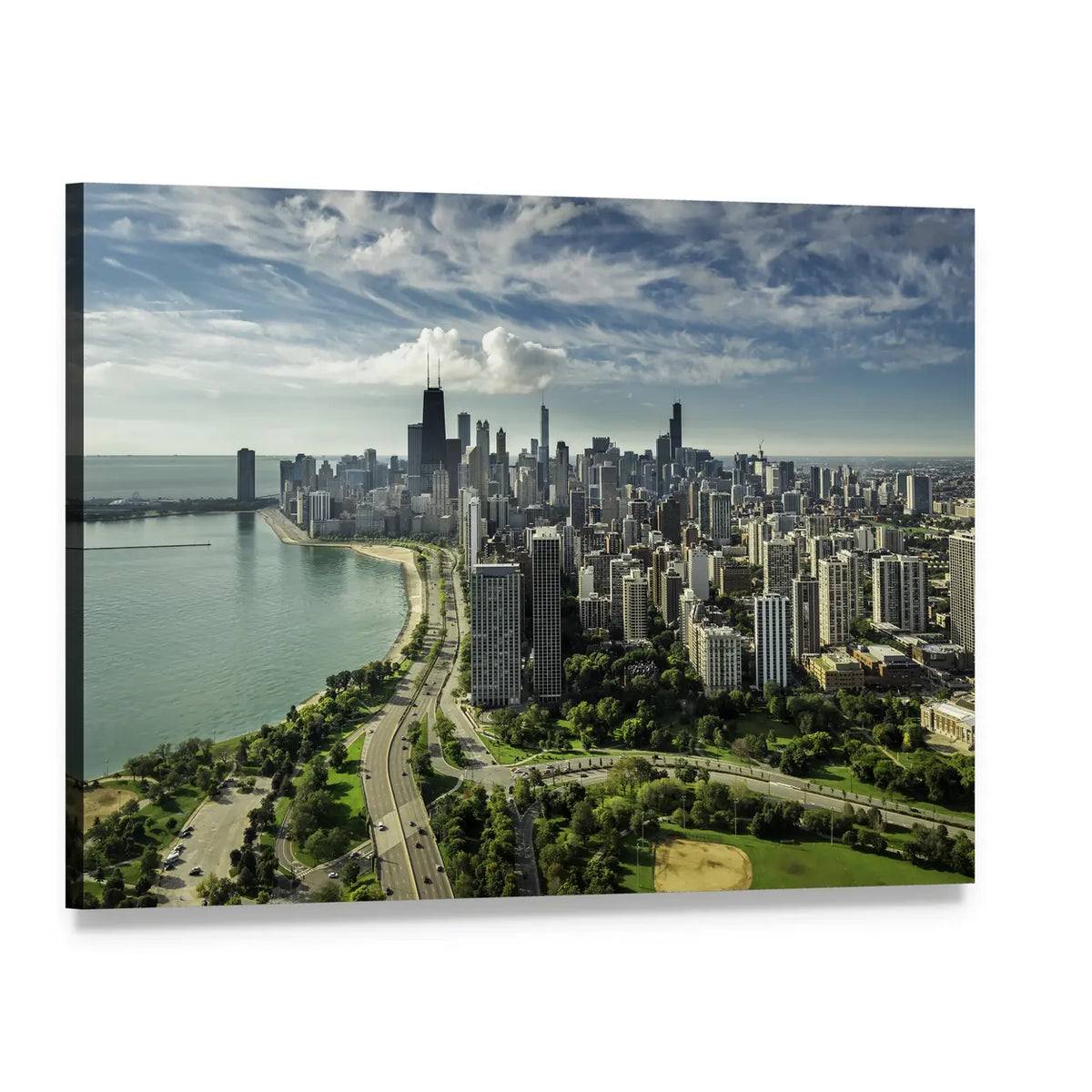Chicago Skyline Over Lake Michigan Canvas Wall Art, single panel gallery wrapped canvas, angled product view