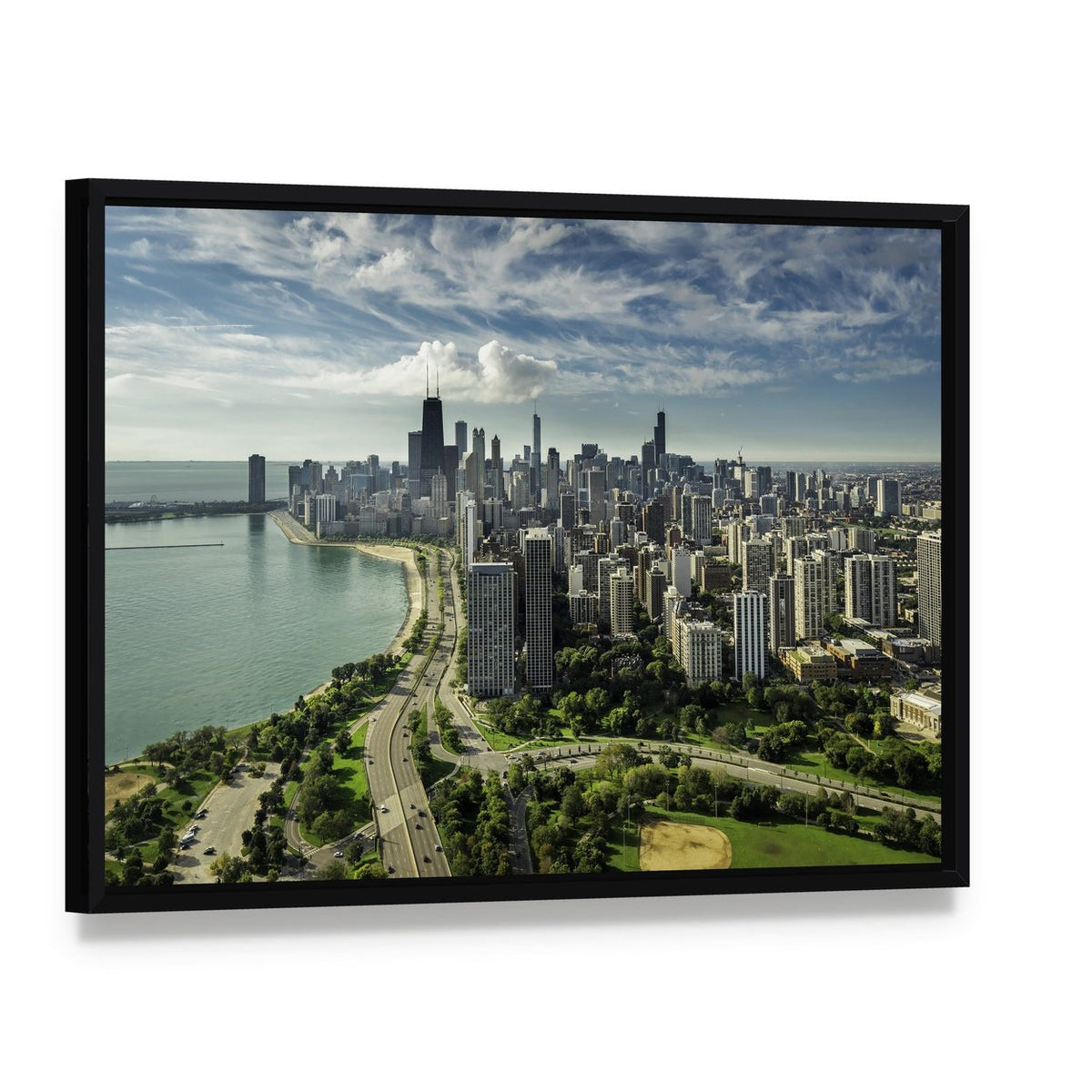 Chicago Skyline with Willis Tower Canvas Wall Art, framed canvas in a black floater frame, angled product view