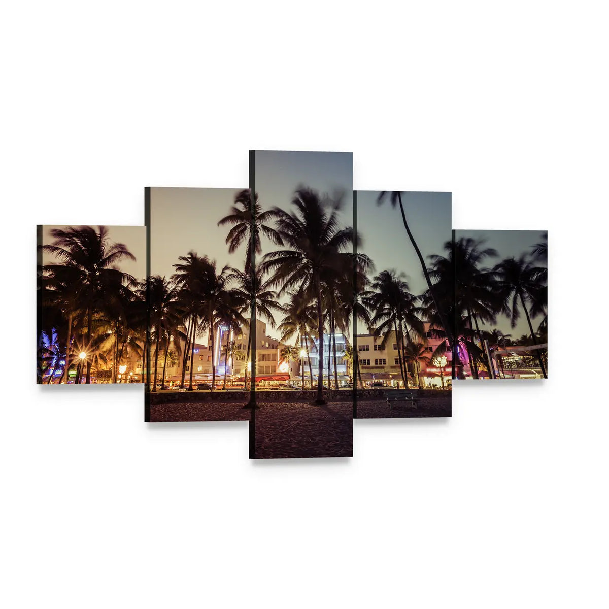 South Beach Florida Sunset with Palm Trees Canvas Wall Art, 5 panel 5 Star layout gallery wrapped canvas set, angled product view